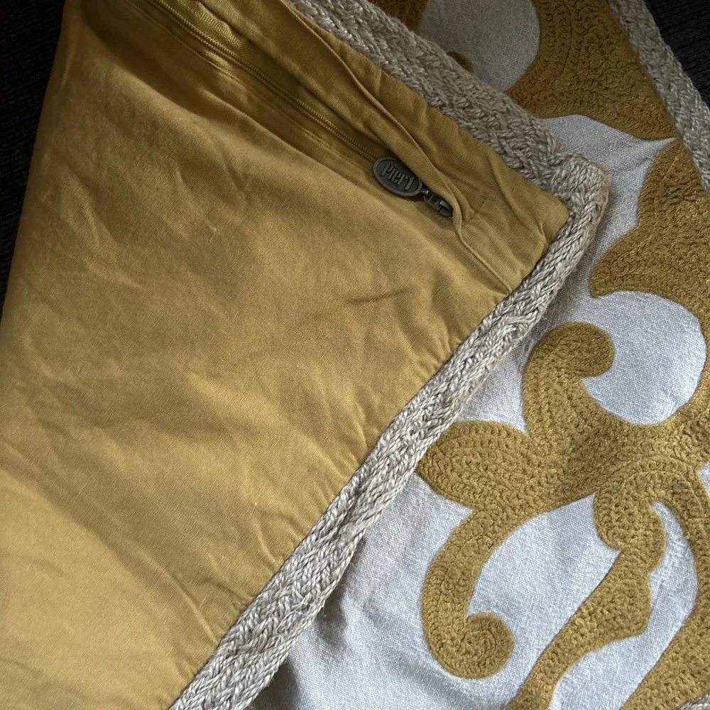 Vintage Pier One Imports Embroidered Jute Decorative Yellow scroll Pillow case